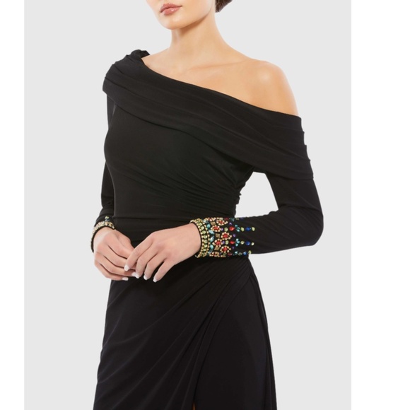 NEW Mac Duggal Black OFF THE SHOULDER Jersey JEWEL CUFFS Ruched HIGH SLIT GOWN 2 - Picture 3 of 14